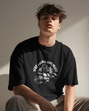 Men's Black Stay Focus Printed Oversized T-Shirt